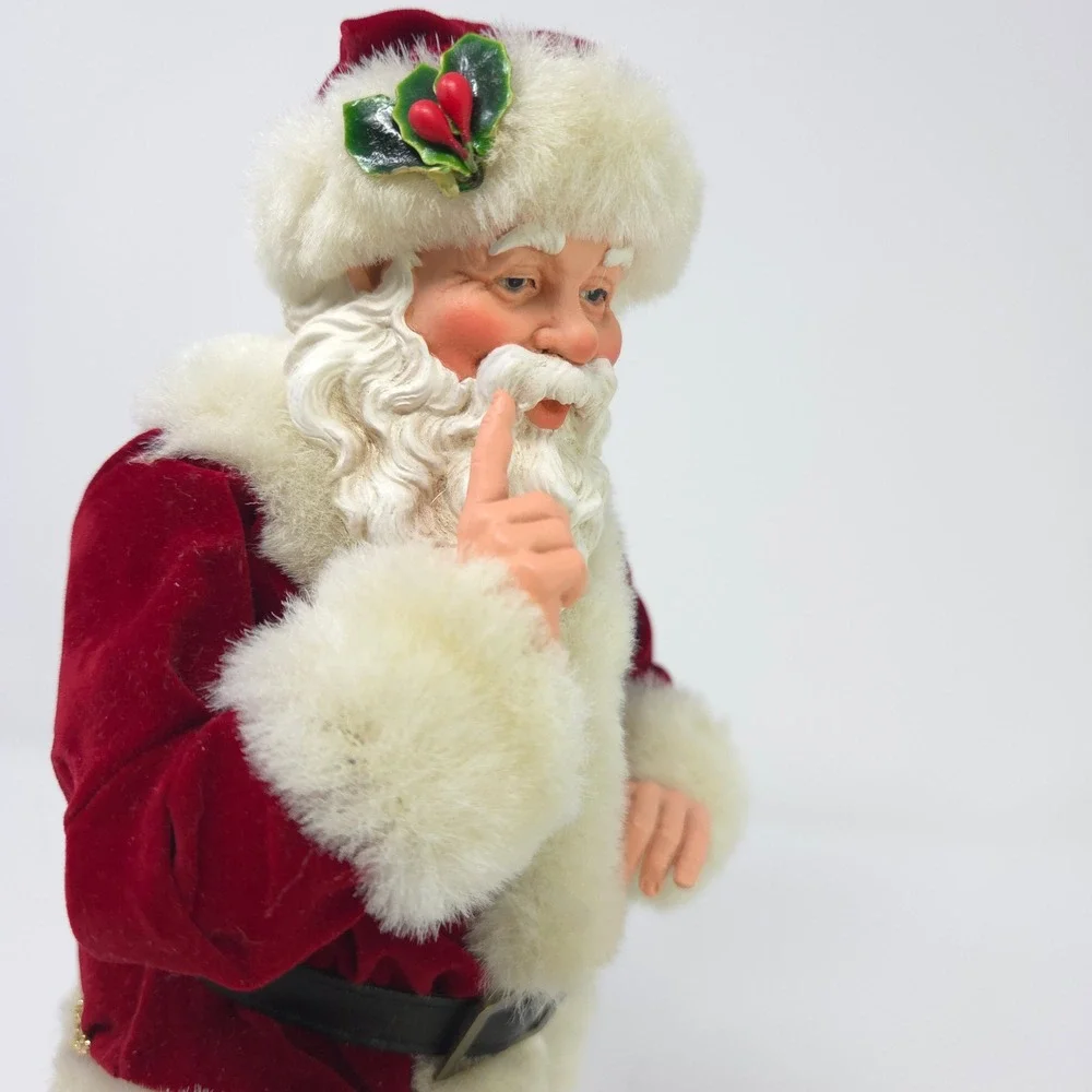 Vintage‎ Style Shushing Santa Claus Figurine Red Velvet Suit Faux Fur 11.5
